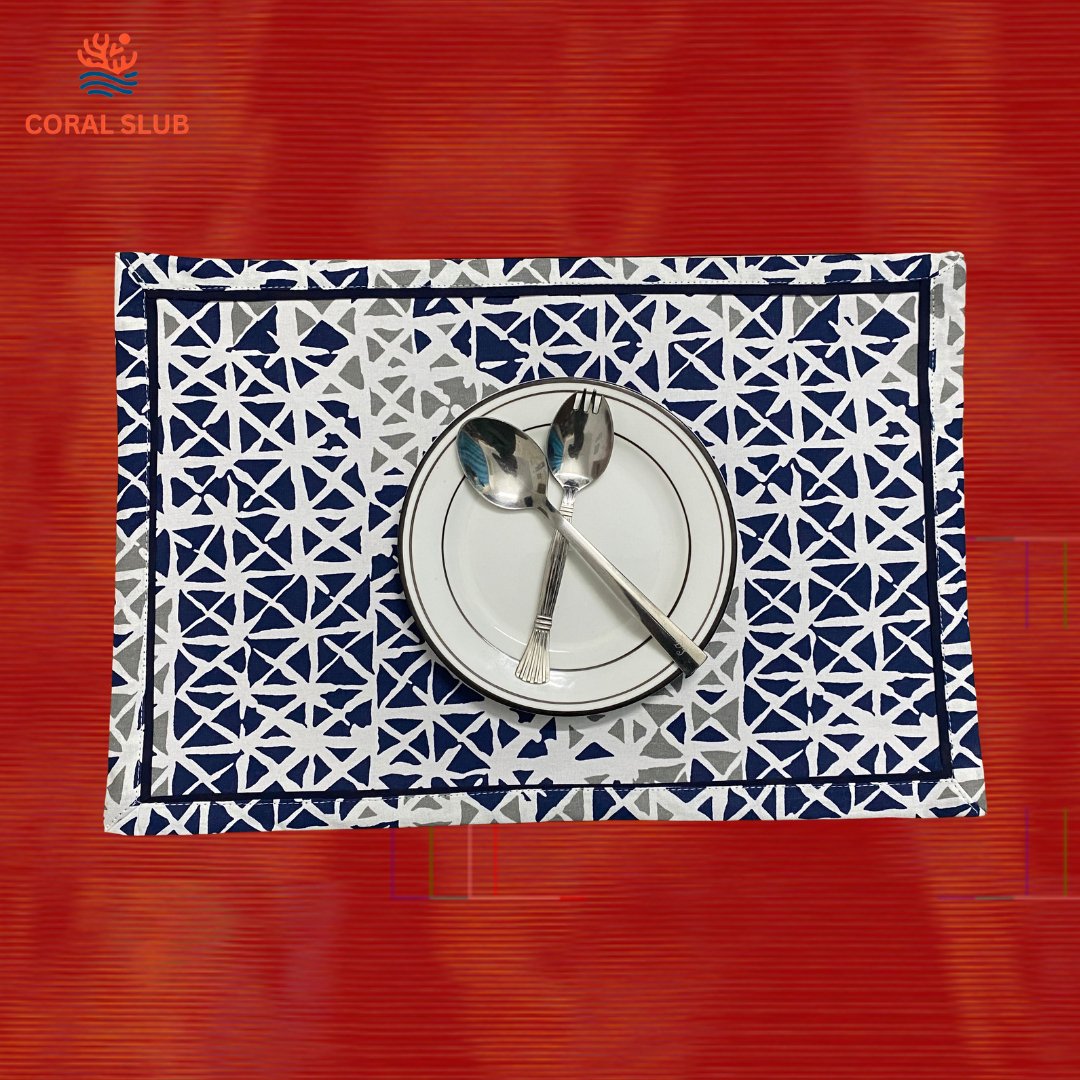 Blue Kaleidoscope Cotton Placemats, 12" x 18", Set of 2 - Coral Slub -